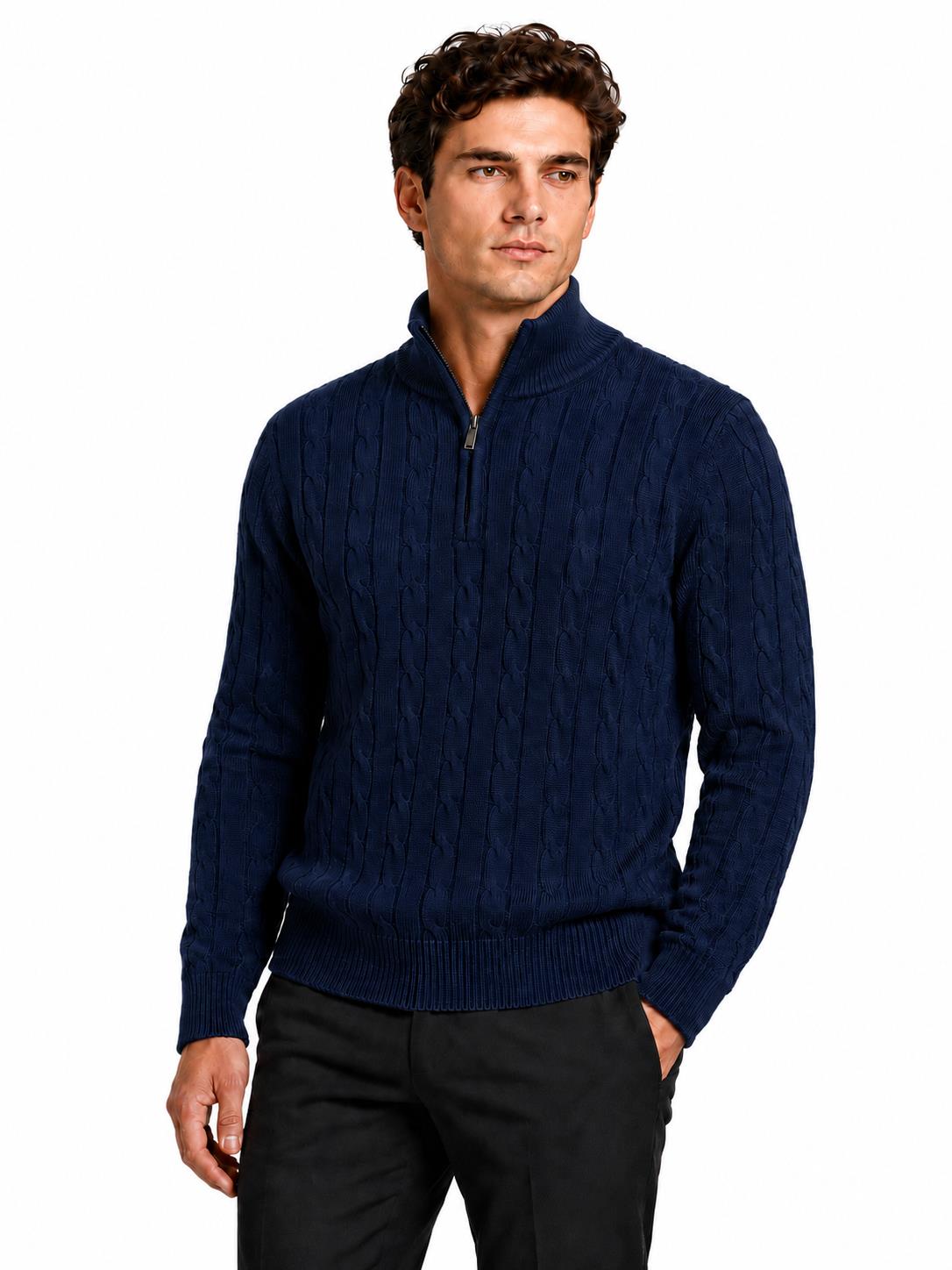 Men's Navy Blue 100% Cotton Fine Cable Knit Quarter Zip Neck Jumper