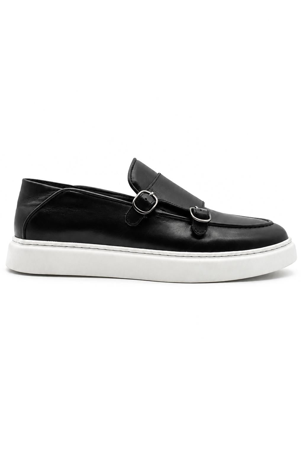 Men's Black Real Leather Double Monk Strap Trainers White Sole