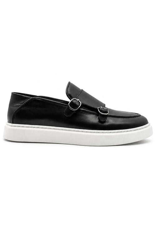 Men's Black Real Leather Double Monk Strap Trainers White Sole
