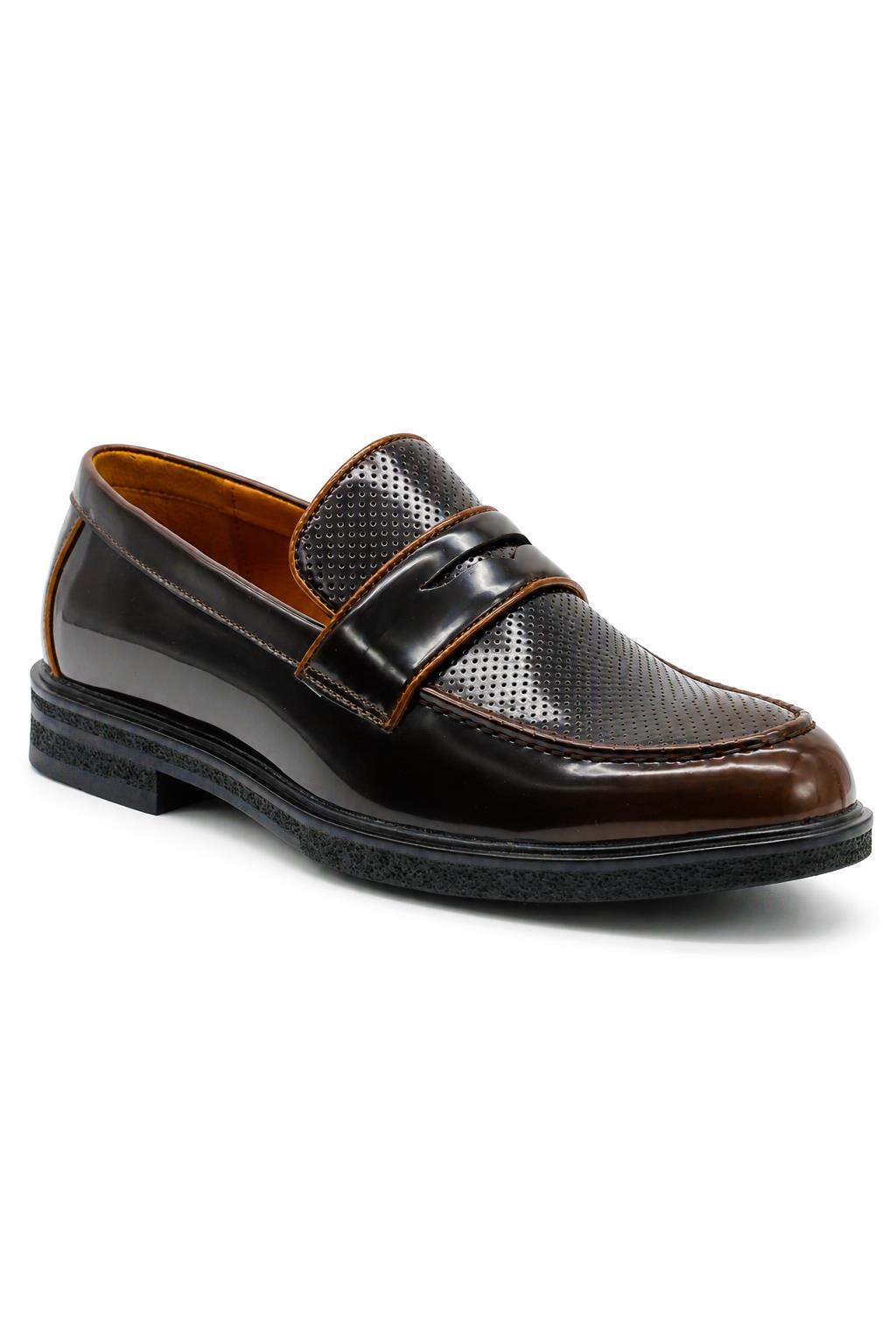 Men’s Brown Patent Pin-Dot Penny Loafers