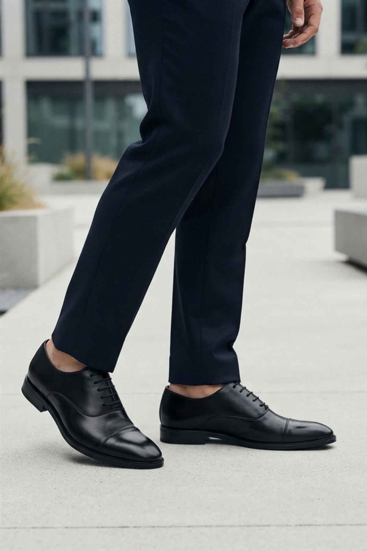 Men's Black Faux Leather Toe Cap Oxford Shoes
