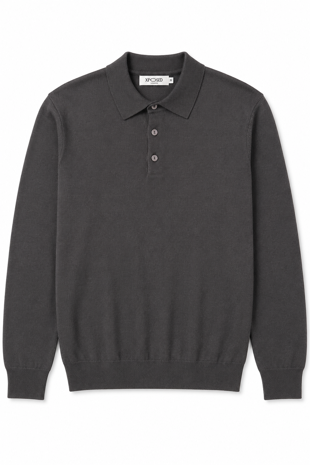 Men's Grey 100% Cotton Fine Knit Button Neck Polo Jumper