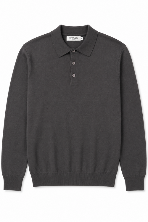 Men's Grey 100% Cotton Fine Knit Button Neck Polo Jumper