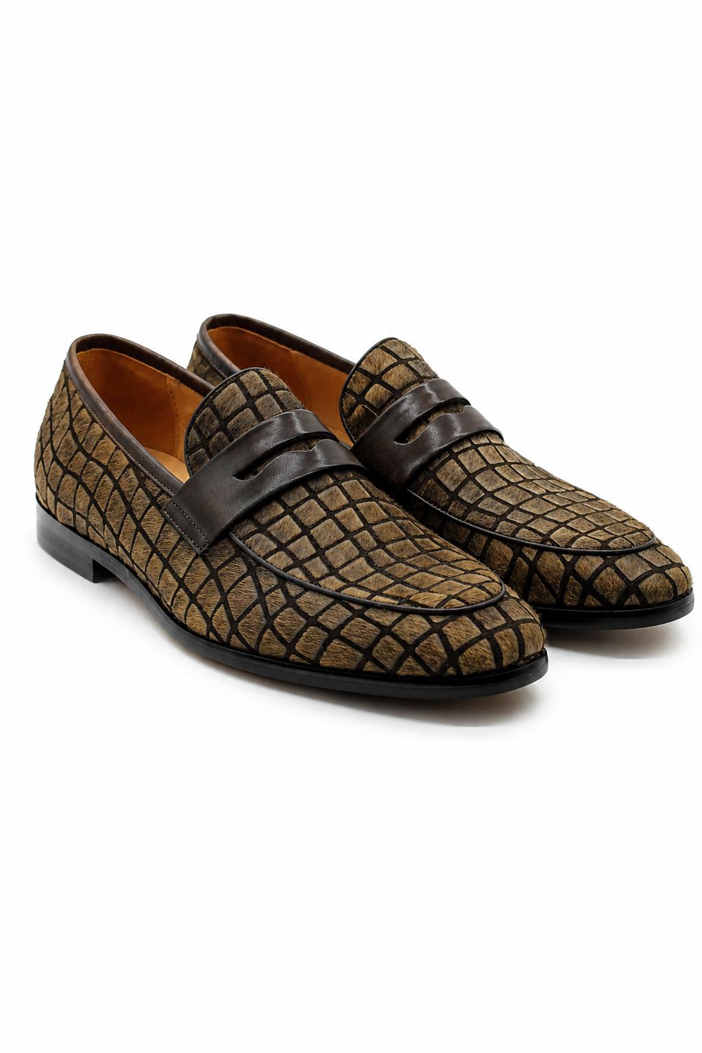 GINO Men’s Brown Patterned Horse Hair Leather Penny Loafers