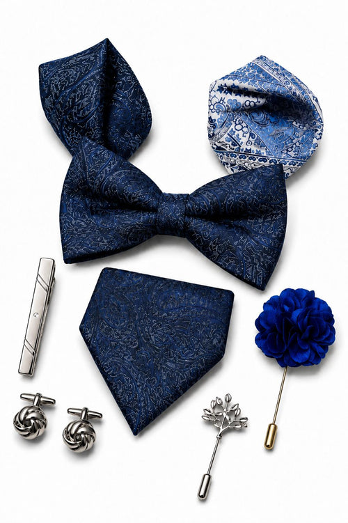 Men’s Navy Blue Paisley 8-Piece Tie & Bow Tie Wedding Gift Set
