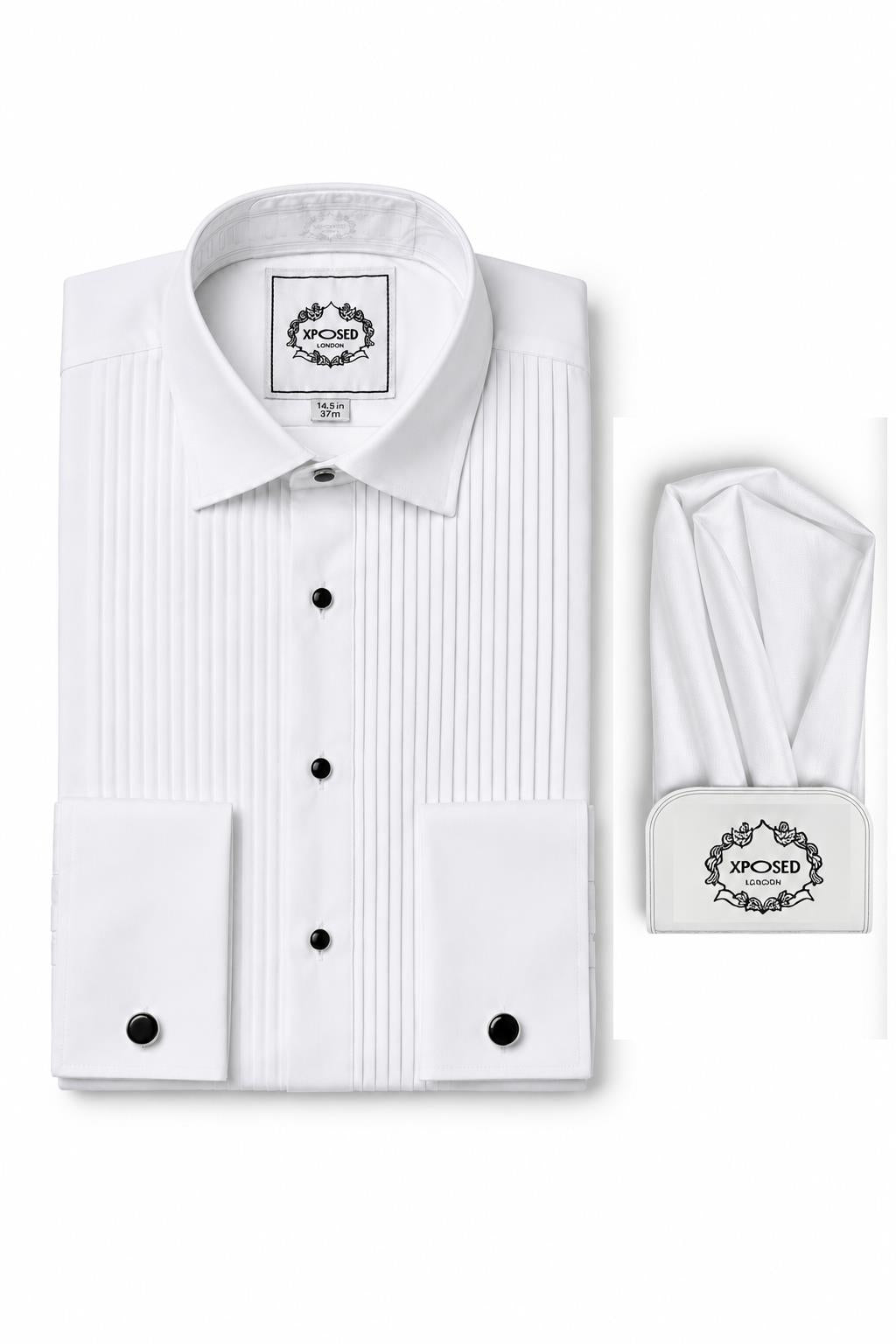 Men's White Pleated Front Tuxedo Shirt with Black Buttons & Pocket Square