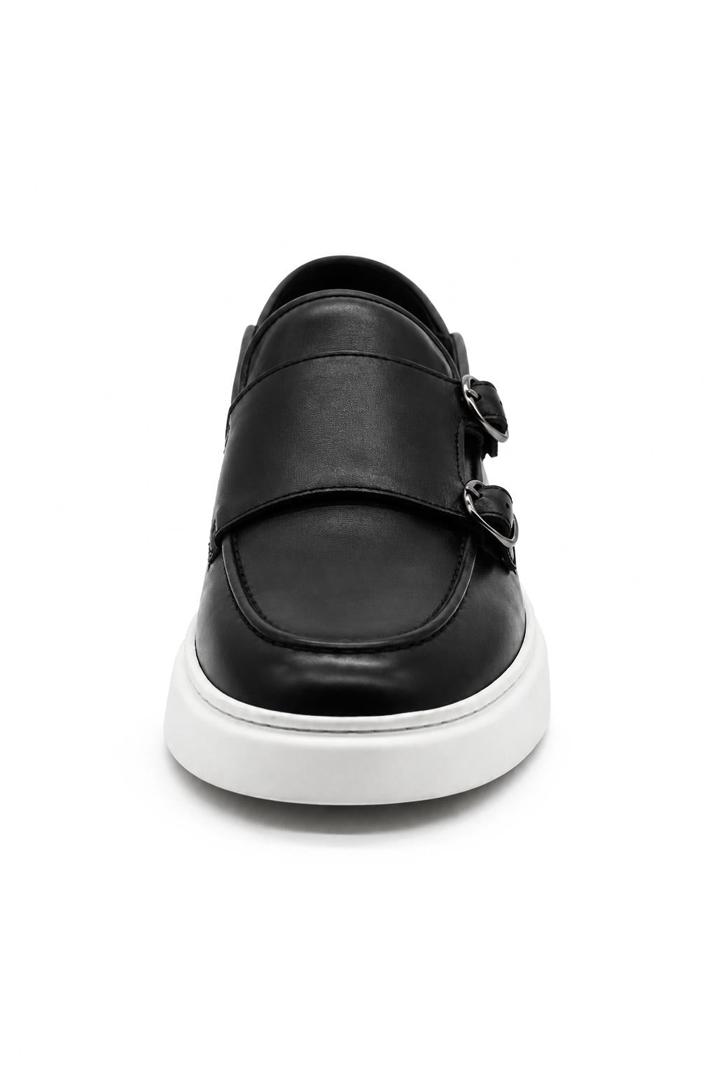 Men's Black Real Leather Double Monk Strap Trainers White Sole