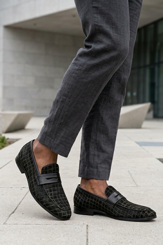 GINO Men’s Black Patterned Horsehair Leather Penny Loafers