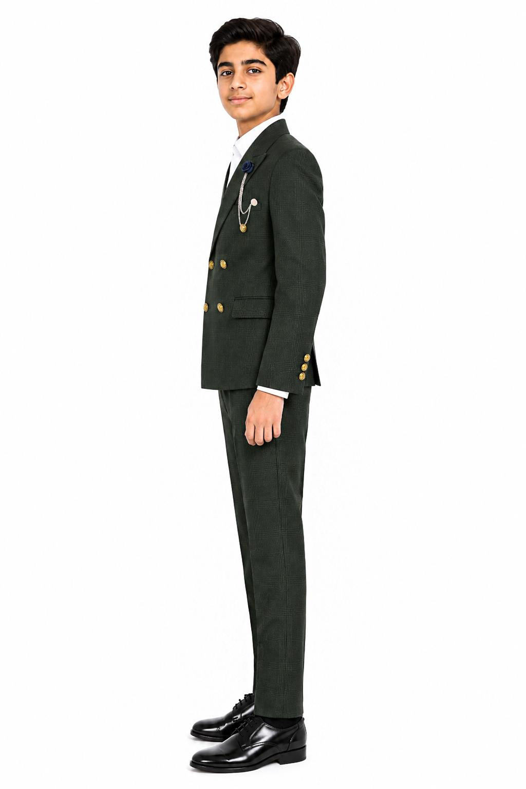 Boys Finley Olive Green Check Double Breasted 2 Piece Suit with Gold Buttons