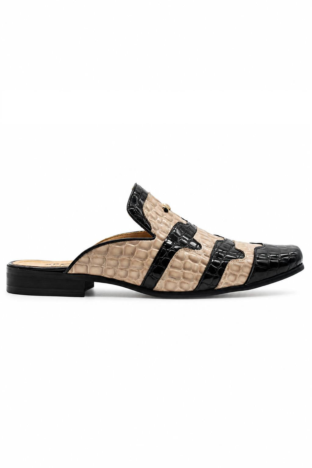 Men’s Black & Beige Shiny Patent Print Half Shoes