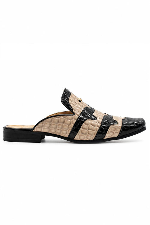 Men’s Black & Beige Shiny Patent Print Half Shoes