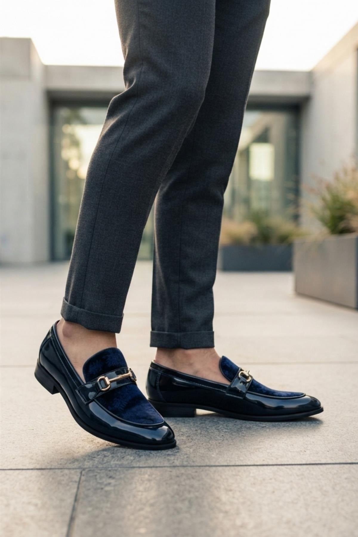 Men's Navy Floral Velvet Patent Snaffle Dress Loafers