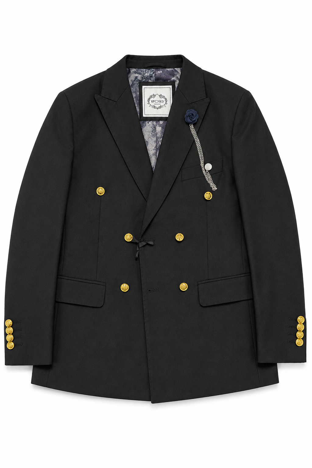 Boys Black Double Breasted 2 Piece Suit with Gold Buttons & Lapel Pin
