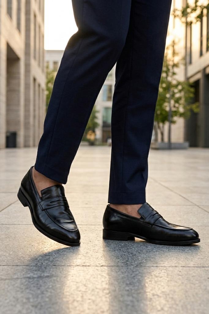 CRUX Men’s Black Calf Leather Penny Loafers