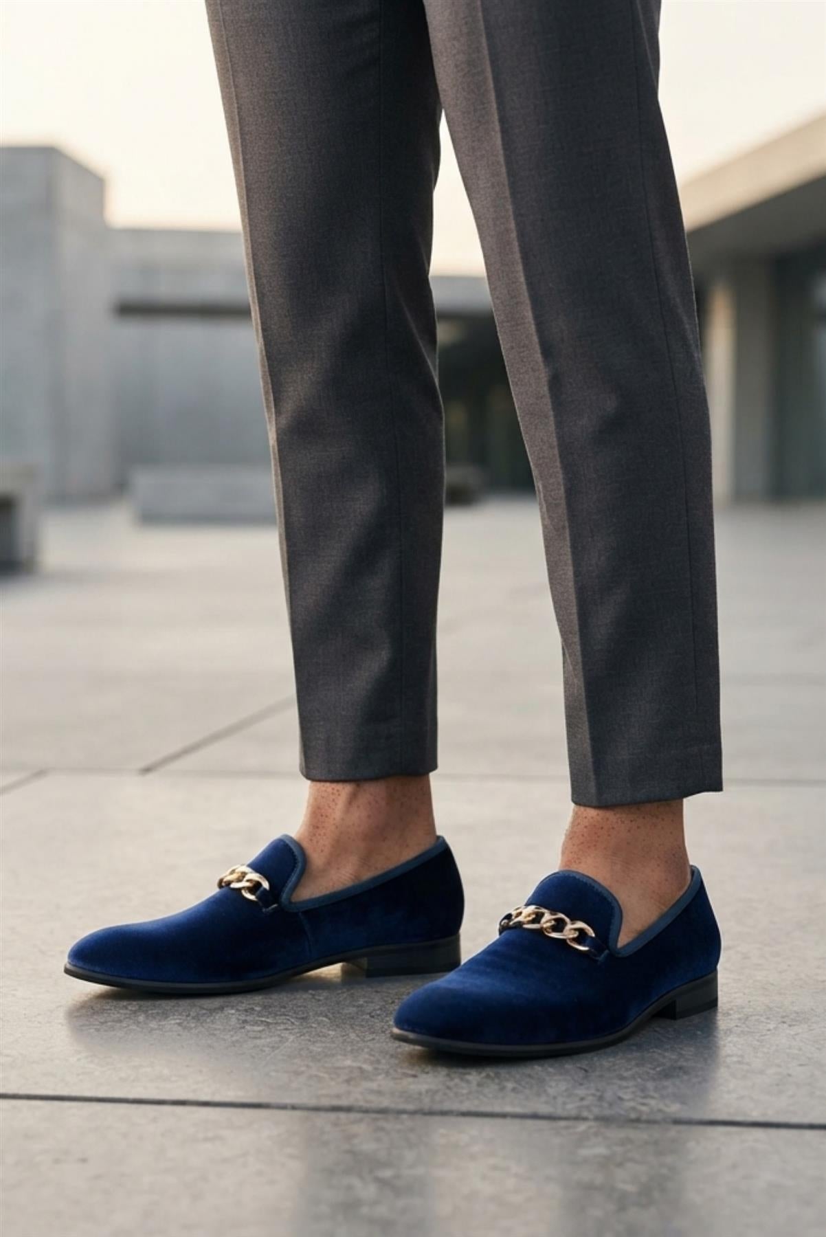 Men's Navy Smooth Velvet Gold Chain Dress Loafers