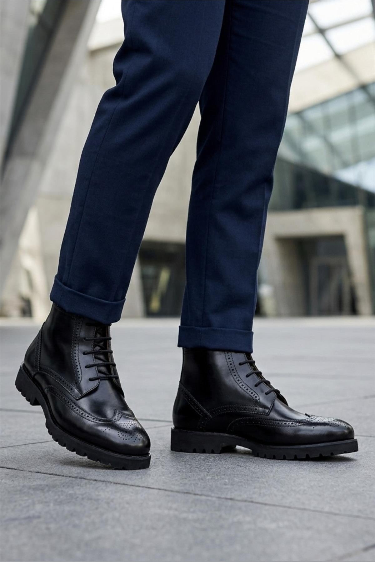 RAM Men's Black Real Leather Wingtip Brogue Ankle Boots