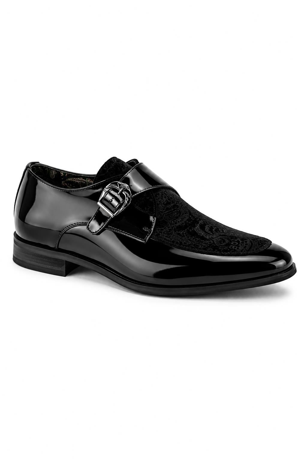 Men's Black Floral Velvet Monk Strap Dress Shoes