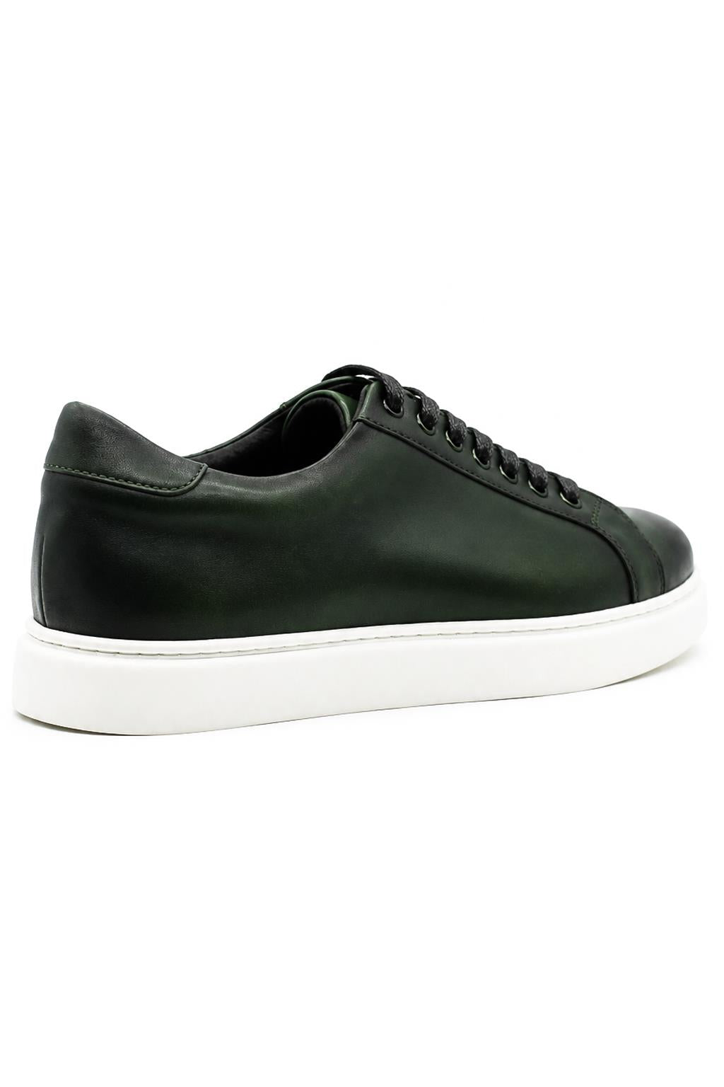Men's Green Real Leather Lace-Up Trainers White Sole