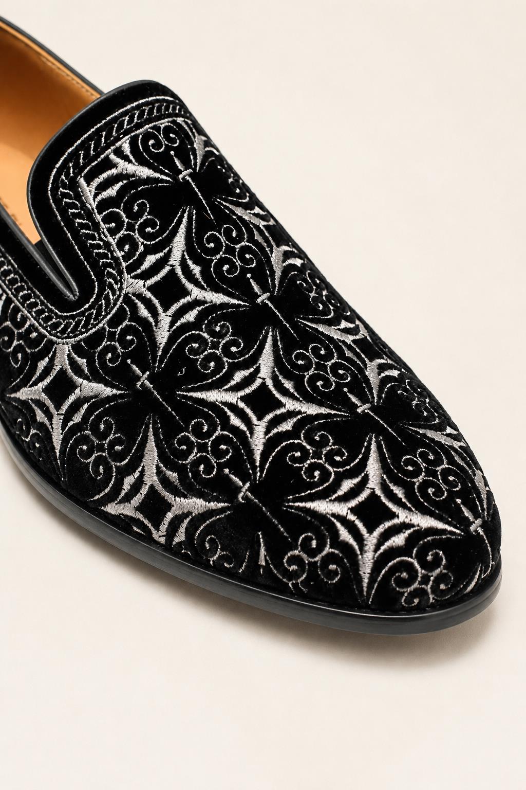 VITO Men’s Black Silver Embroidered Velvet Real Leather Party Loafers
