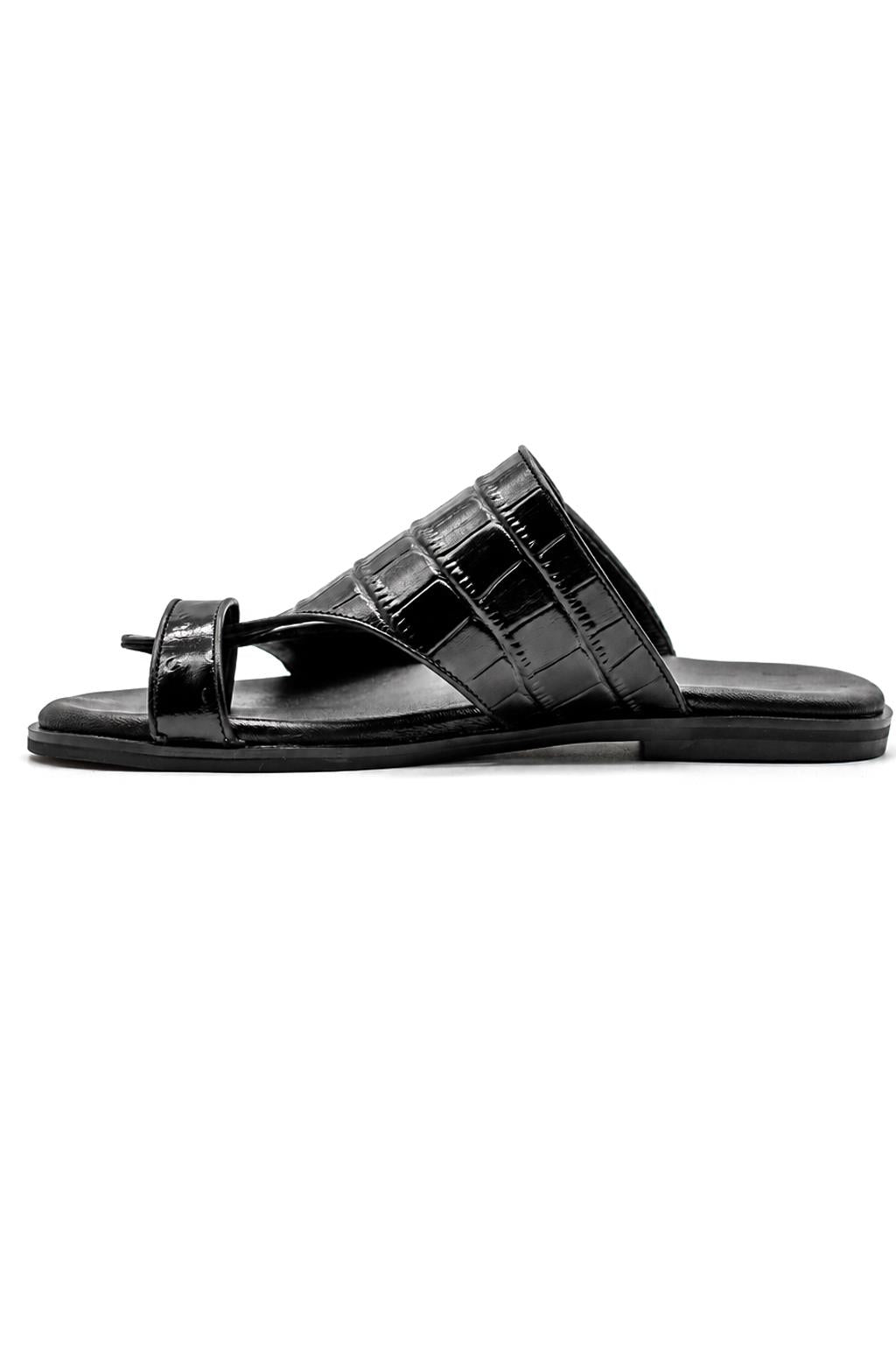 Men's Black Handmade Real Leather Croc-Effect Sandals