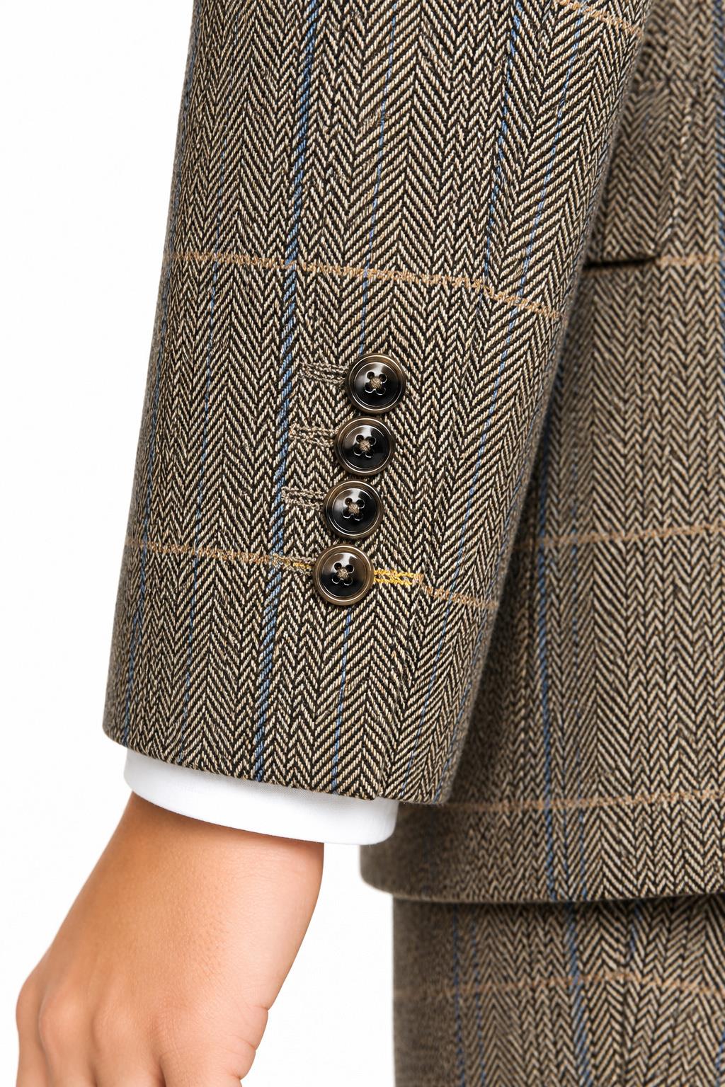Boys Tan Brown Tweed Check 3 Piece Suit with Lapel Pin