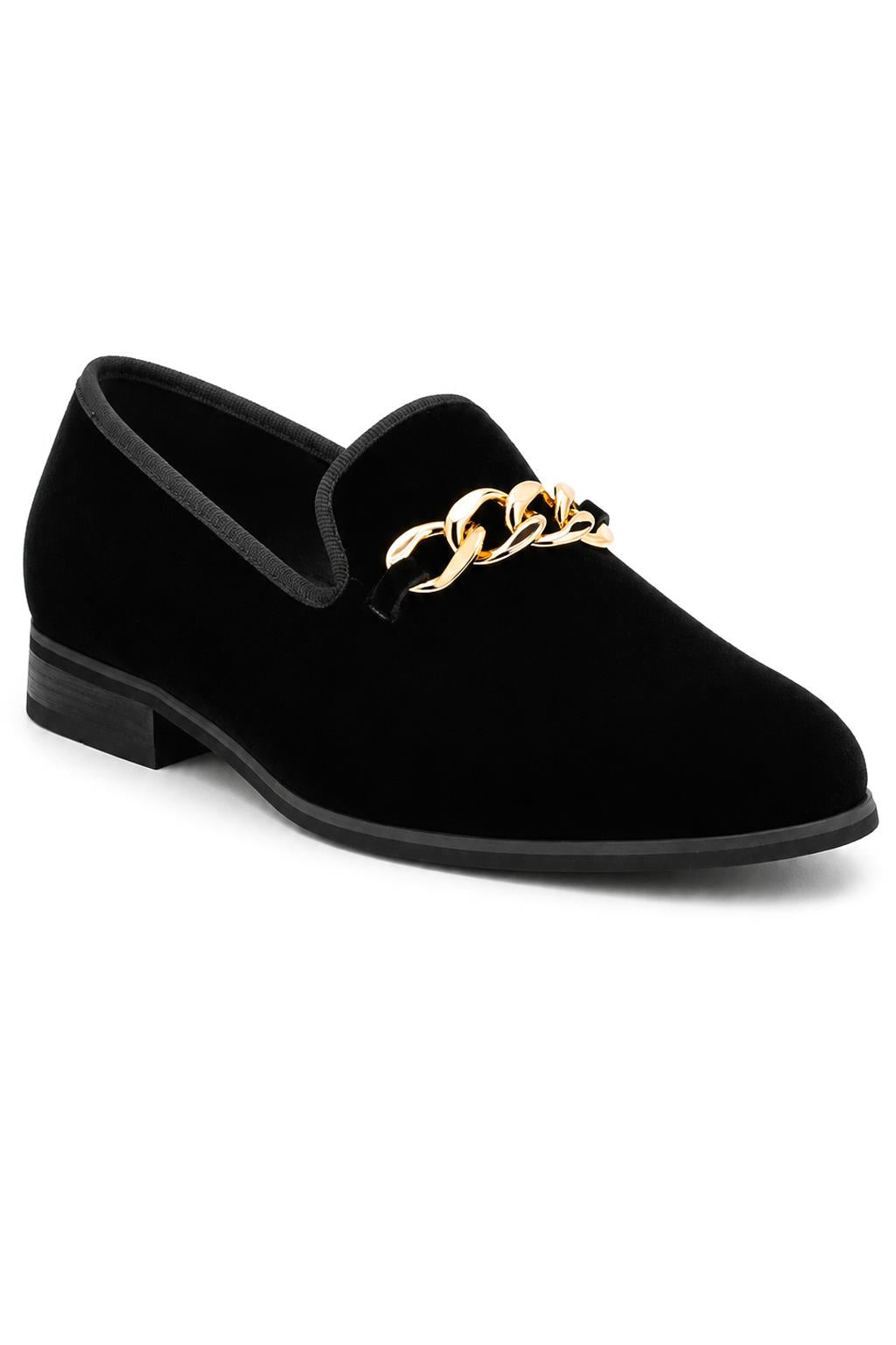 Men's Black Smooth Velvet Gold Chain Dress Loafers