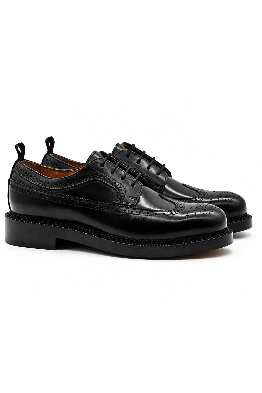 Men's Polished Leather Wingtip Brogues - Black Chunky Derby Shoes