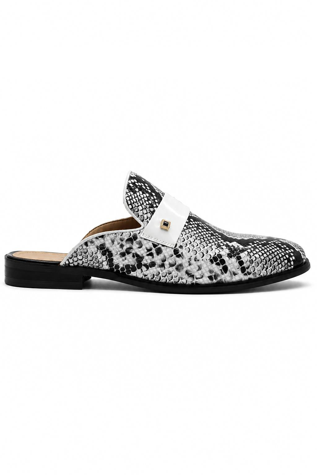 Men’s Black & White Shiny Patent Print Occasion Half Shoes