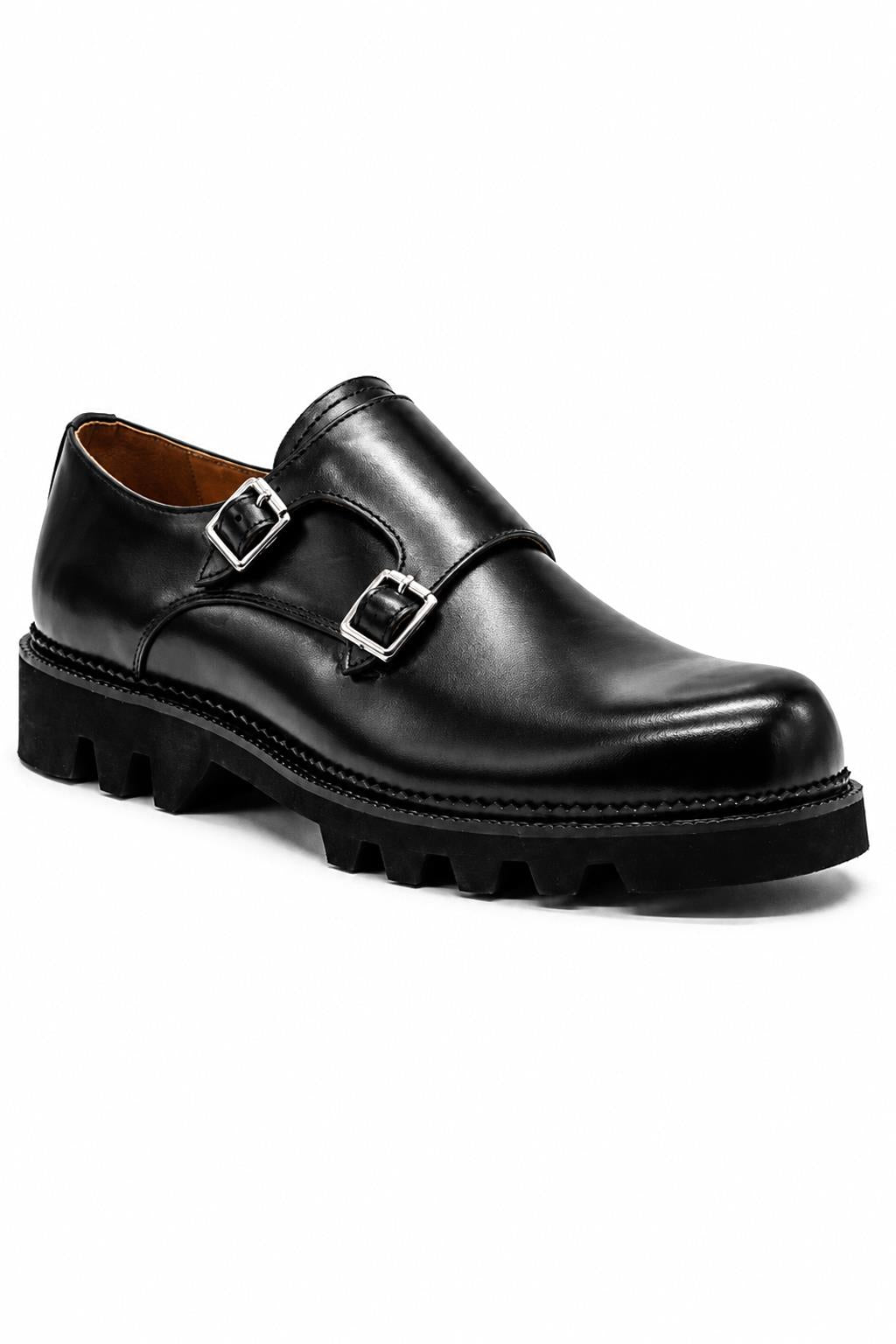 KNOX Men’s Black Leather Chunky Double Monk Strap Shoes