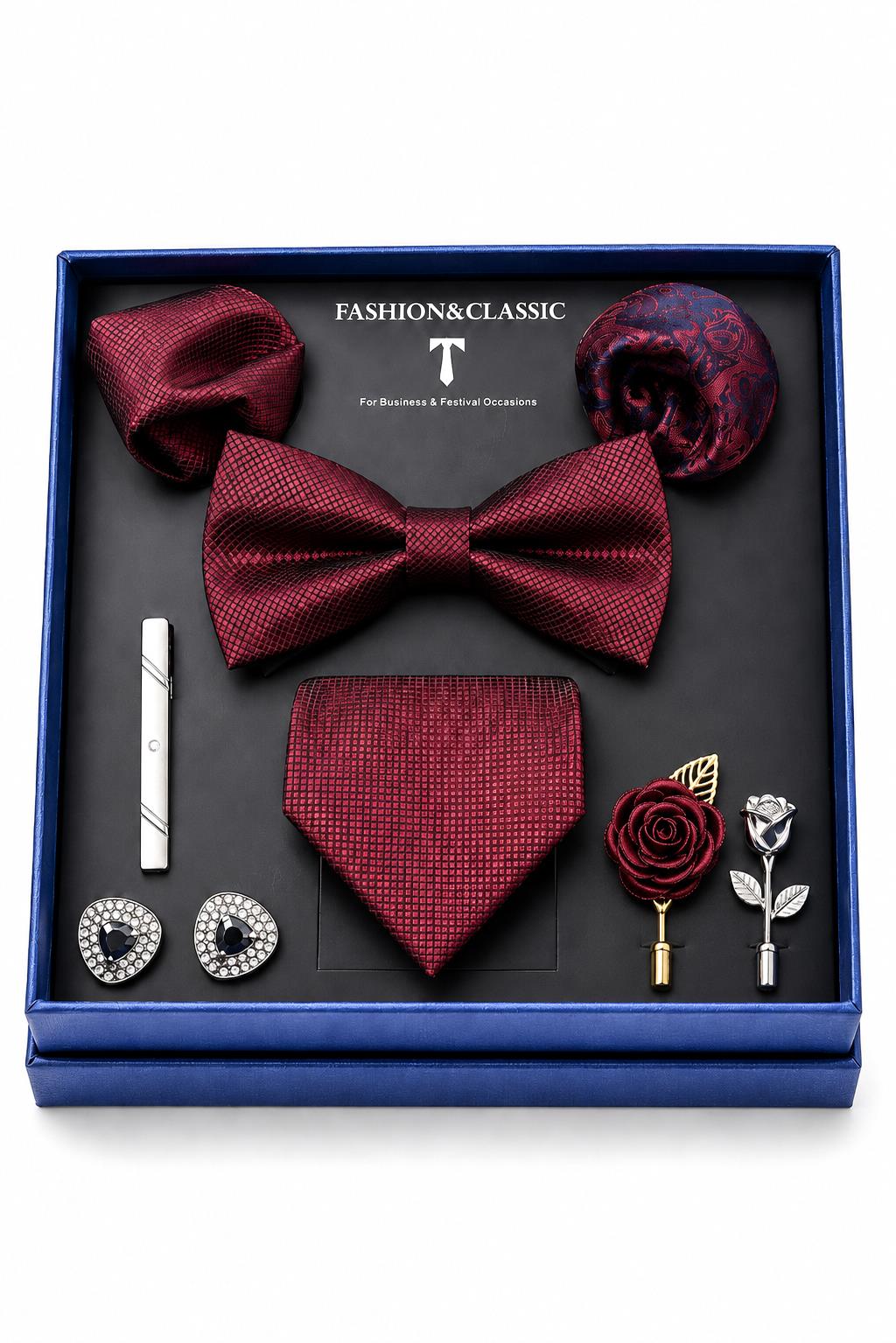 Men’s Burgundy 8-Piece Tie & Bow Tie Wedding Gift Set