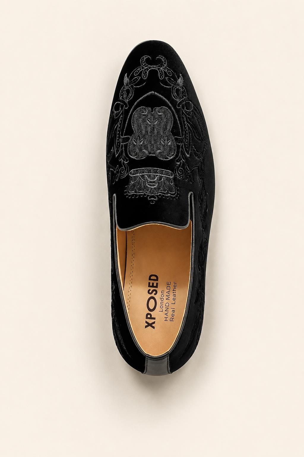 FRED Men’s Black Embroidered Velvet Party Loafers