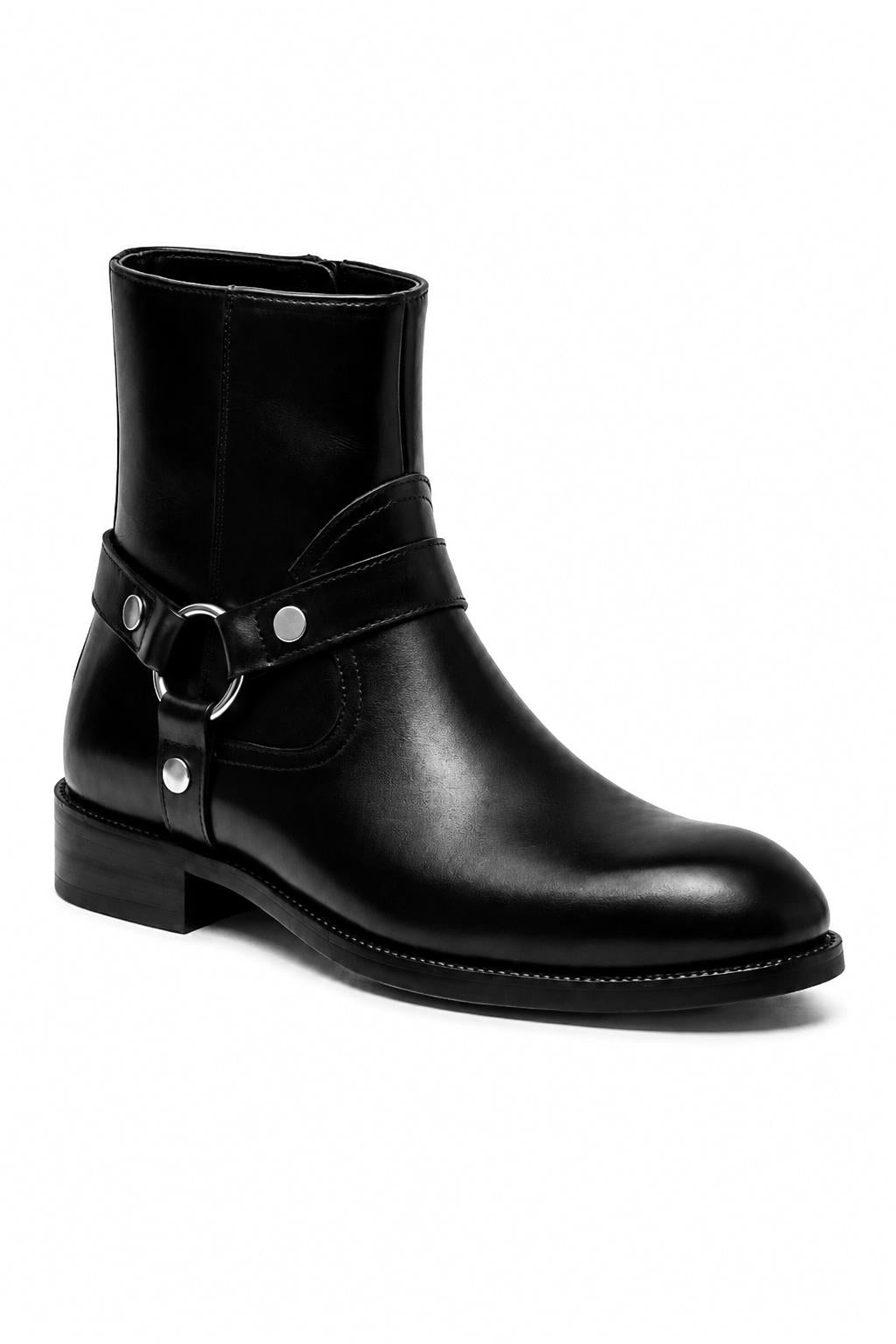 DIEGO Men’s Black Polished Leather Side Zip Ankle Biker Boots