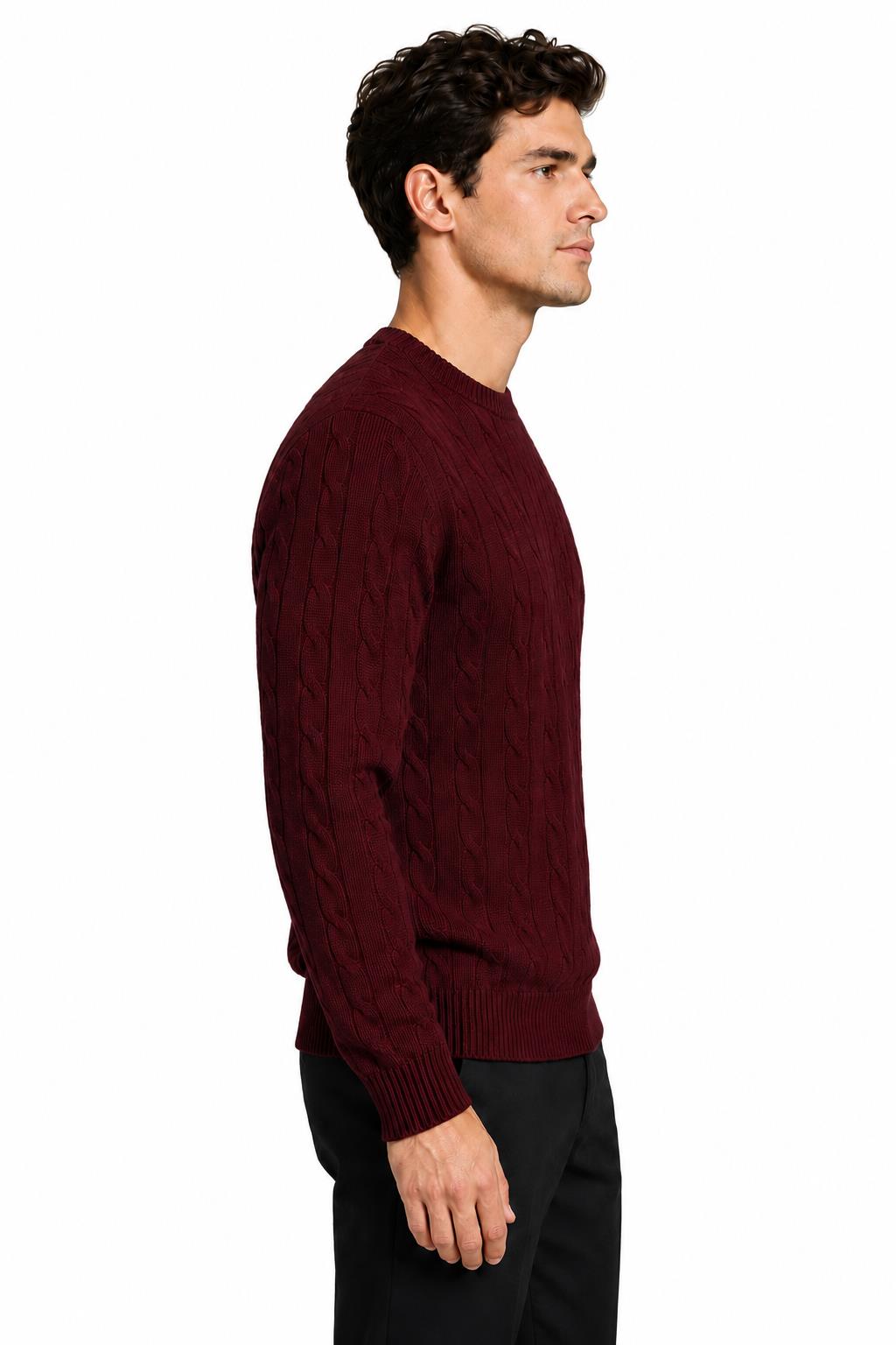 Men's Maroon 100% Cotton Fine Cable Knit Crew Neck Jumper