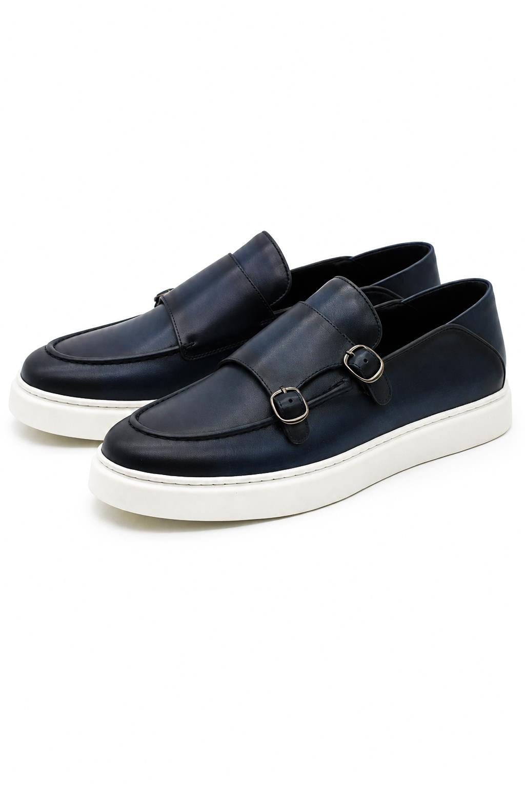 Men's Navy Blue Real Leather Double Monk Strap Trainers White Sole