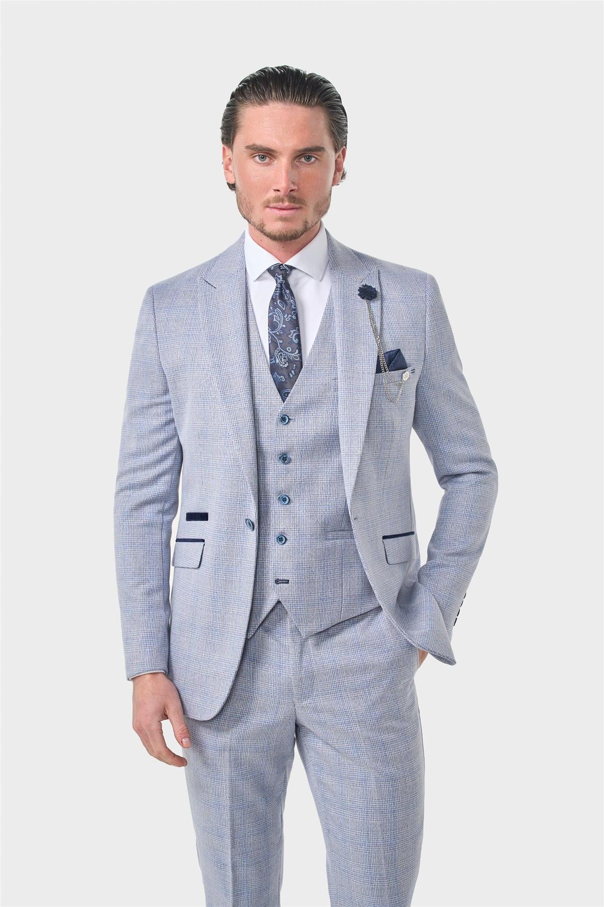 MENS CARIDI SKY BLUE TAILORED FIT THREE PIECE SUIT