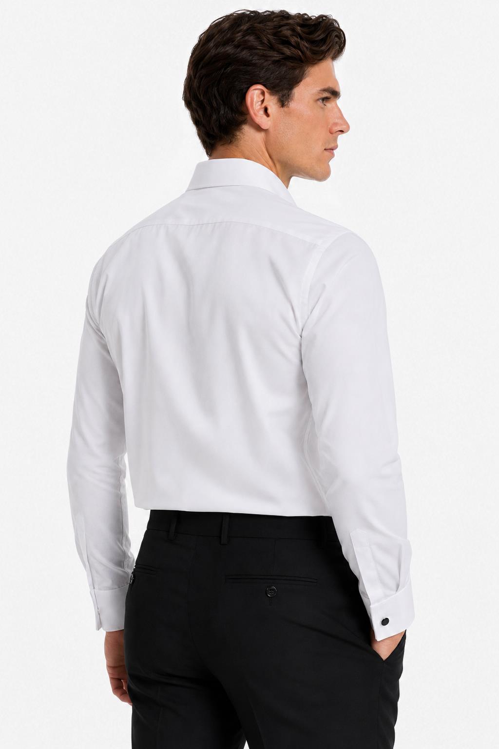 Men's White Pleated Front Tuxedo Shirt with Black Buttons & Pocket Square