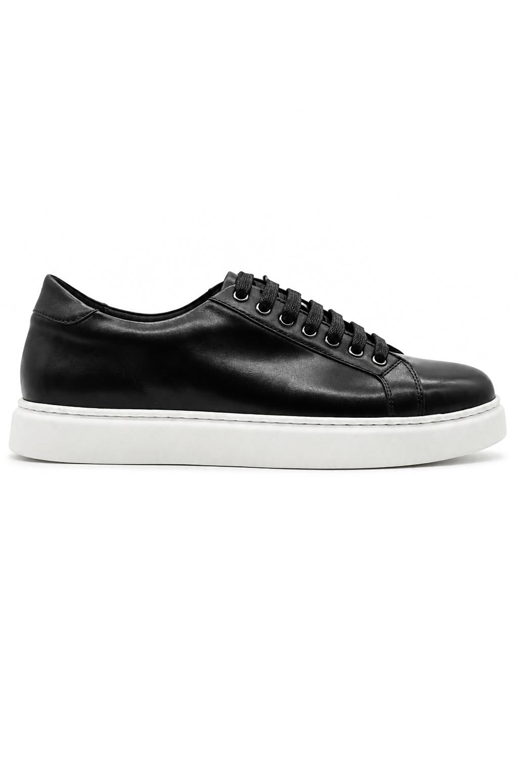 Men's Black Real Leather Lace-Up Trainers White Sole