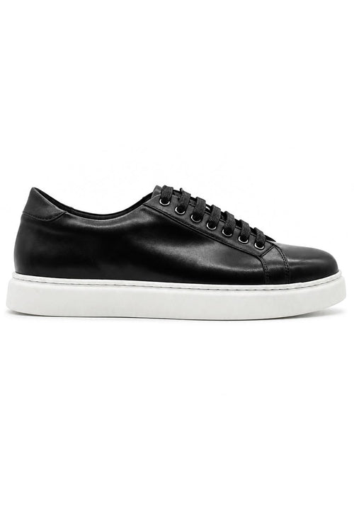 Men's Black Real Leather Lace-Up Trainers White Sole