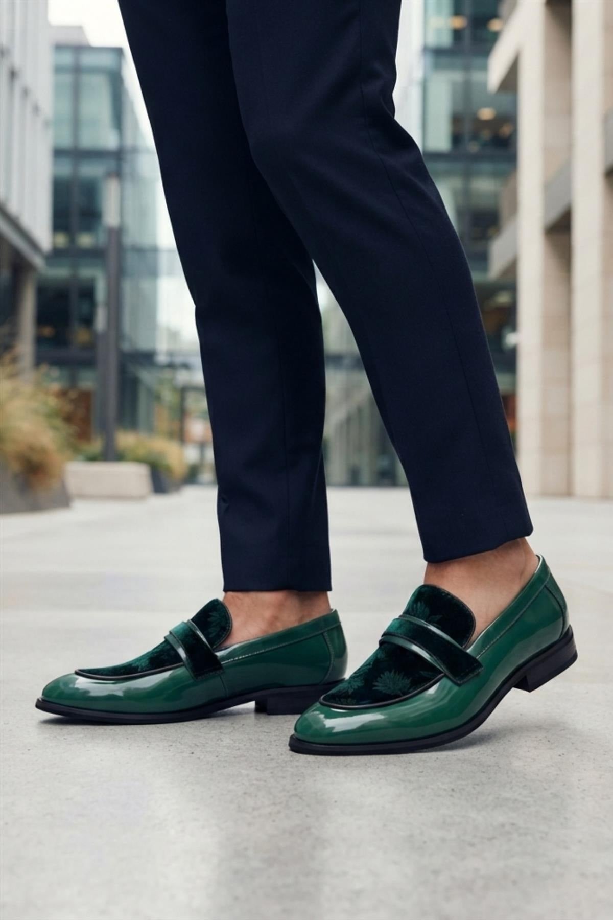 Men's Green Floral Velvet Patent Dress Loafers