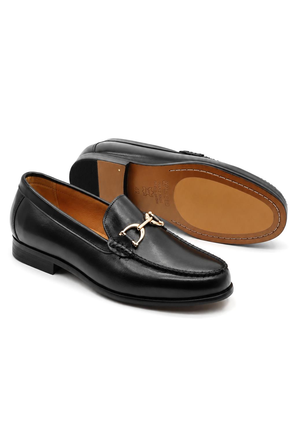 ARLO Men’s Black Polished Leather Gold Buckle Dress Loafers