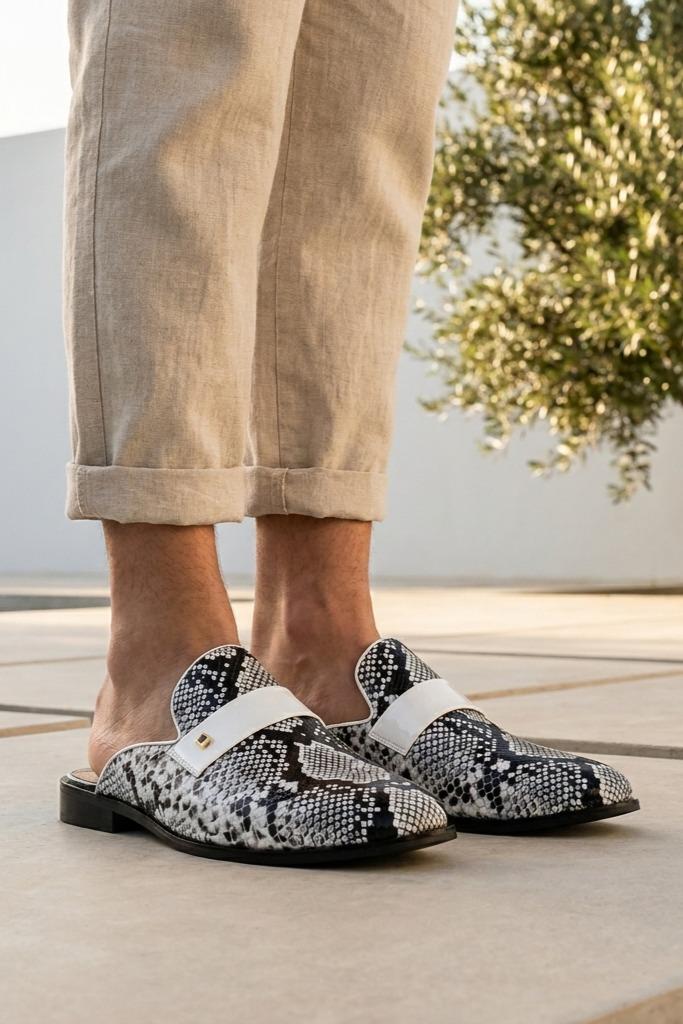 Men’s Black & White Shiny Patent Print Occasion Half Shoes