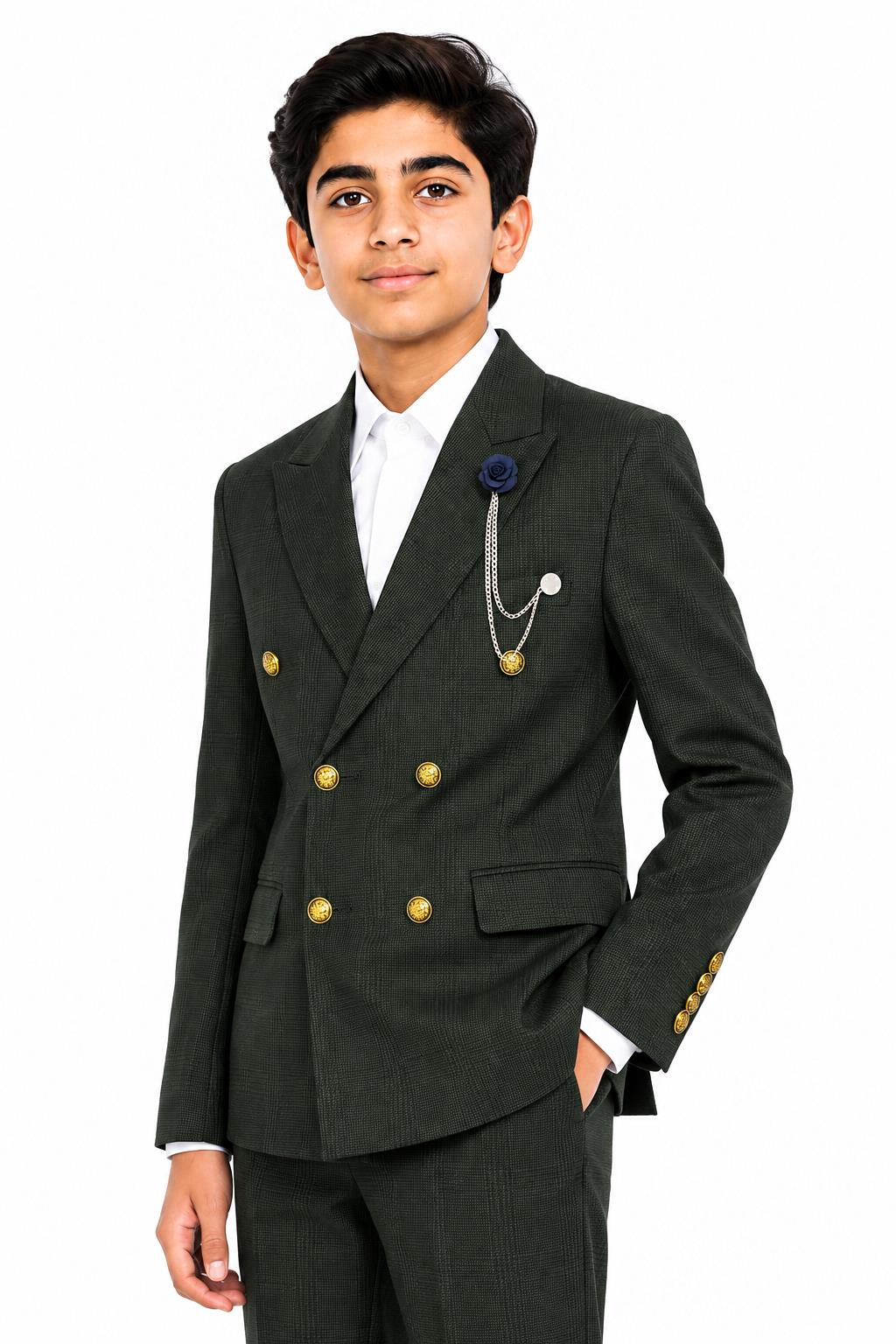 Boys Finley Olive Green Check Double Breasted 2 Piece Suit with Gold Buttons