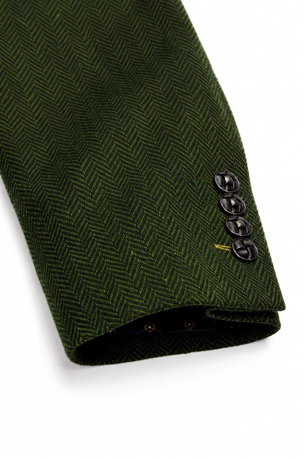 Men's Olive Green Herringbone Wool Blend Tailored Fit Overcoat