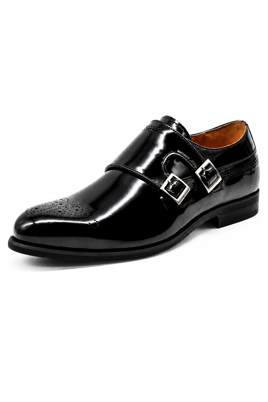 ROAN Men’s Black Hi-Shine Patent Leather Monk Dress Shoes