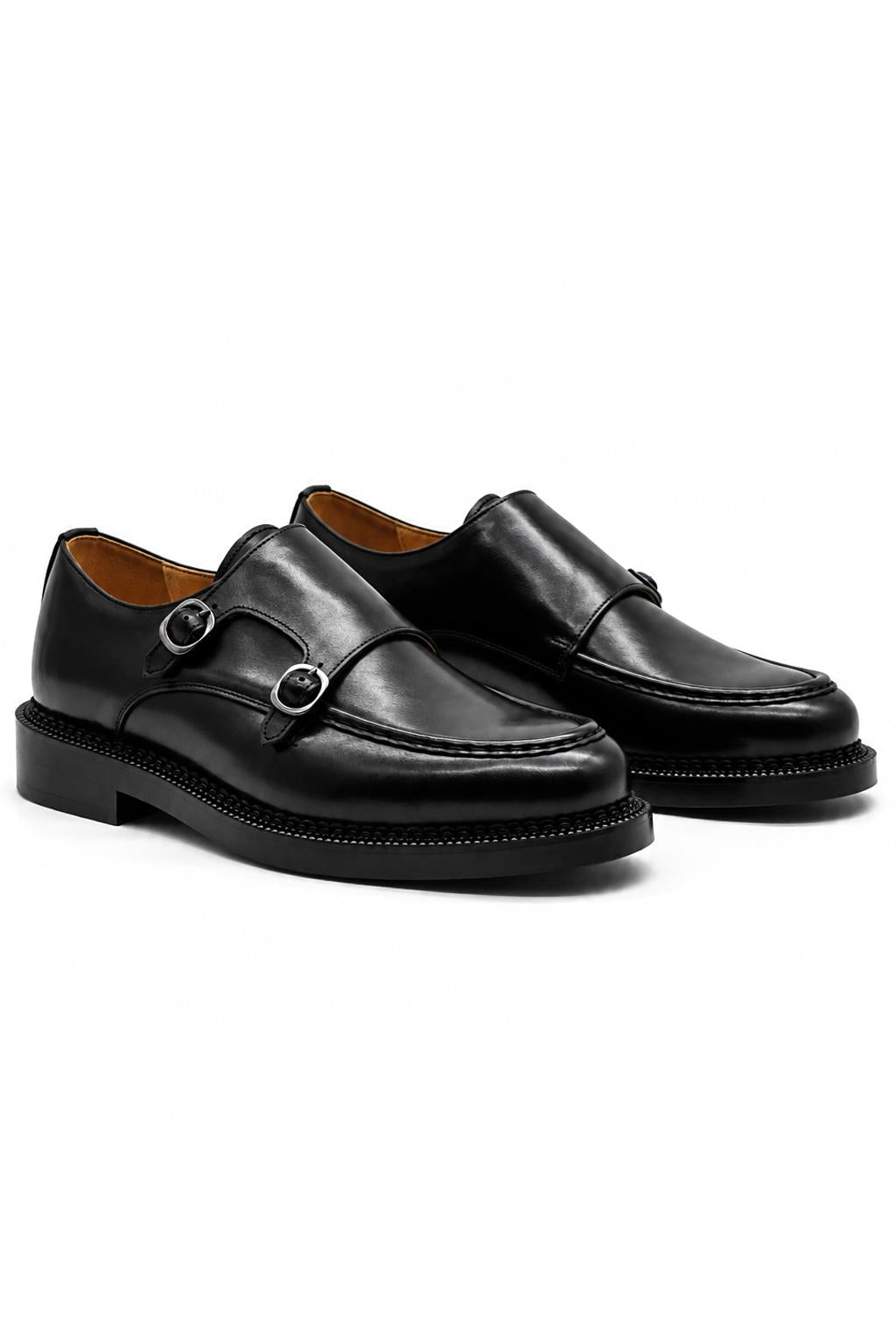 Men's Black Leather Double Monk Strap Shoes - Chunky Sole