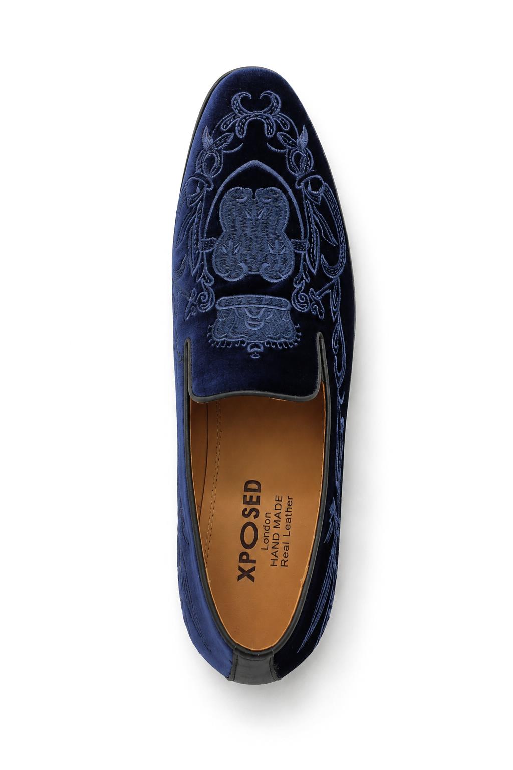 FRED Men’s Navy Blue Embroidered Velvet Party Loafers