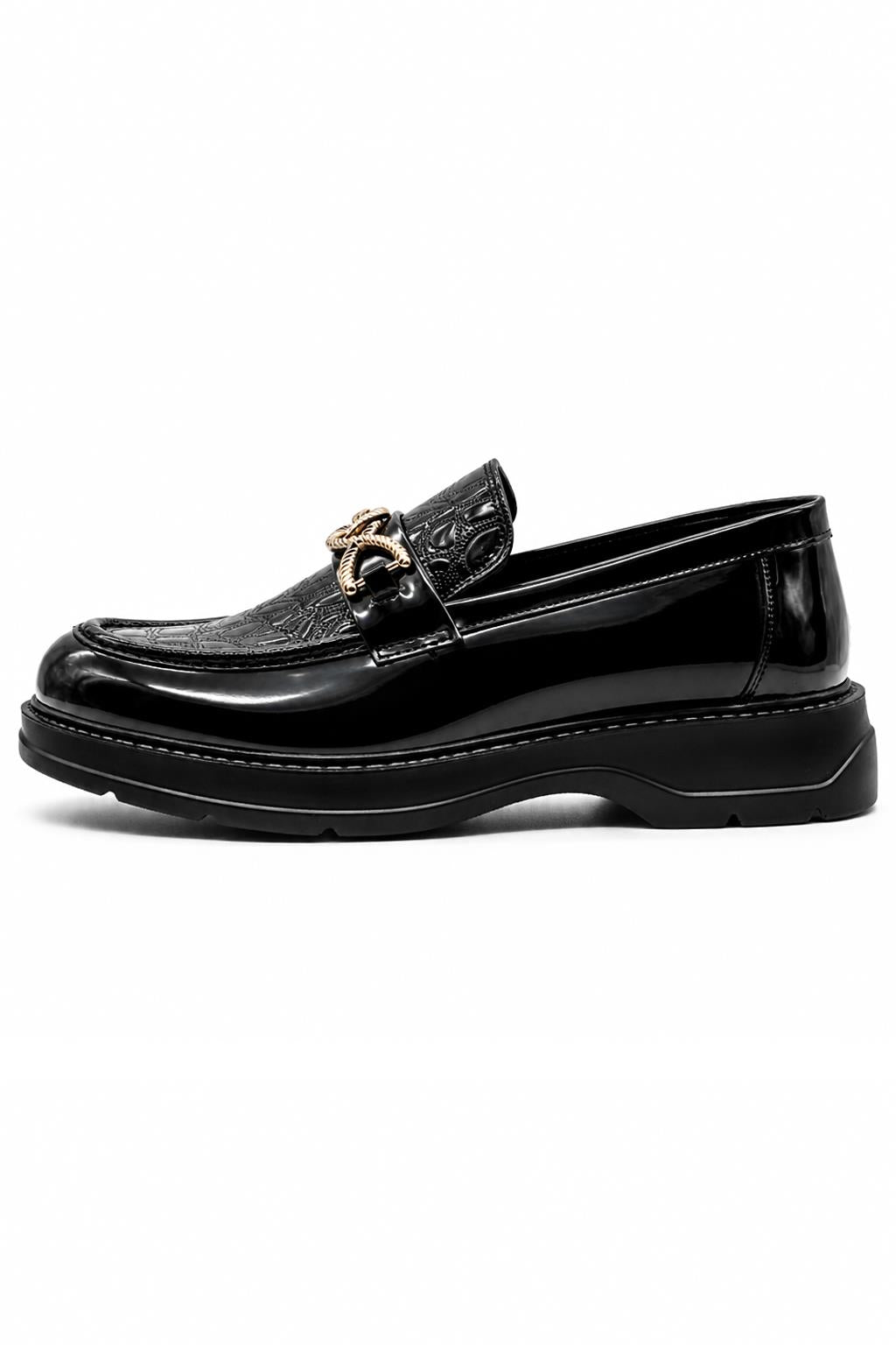 Men's Black Patent Slip-On Loafers Gold Buckle & Chunky Sole