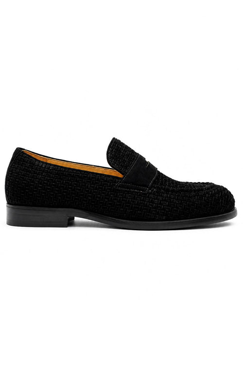 BRIO Men’s Black Woven Suede Leather Penny Loafers