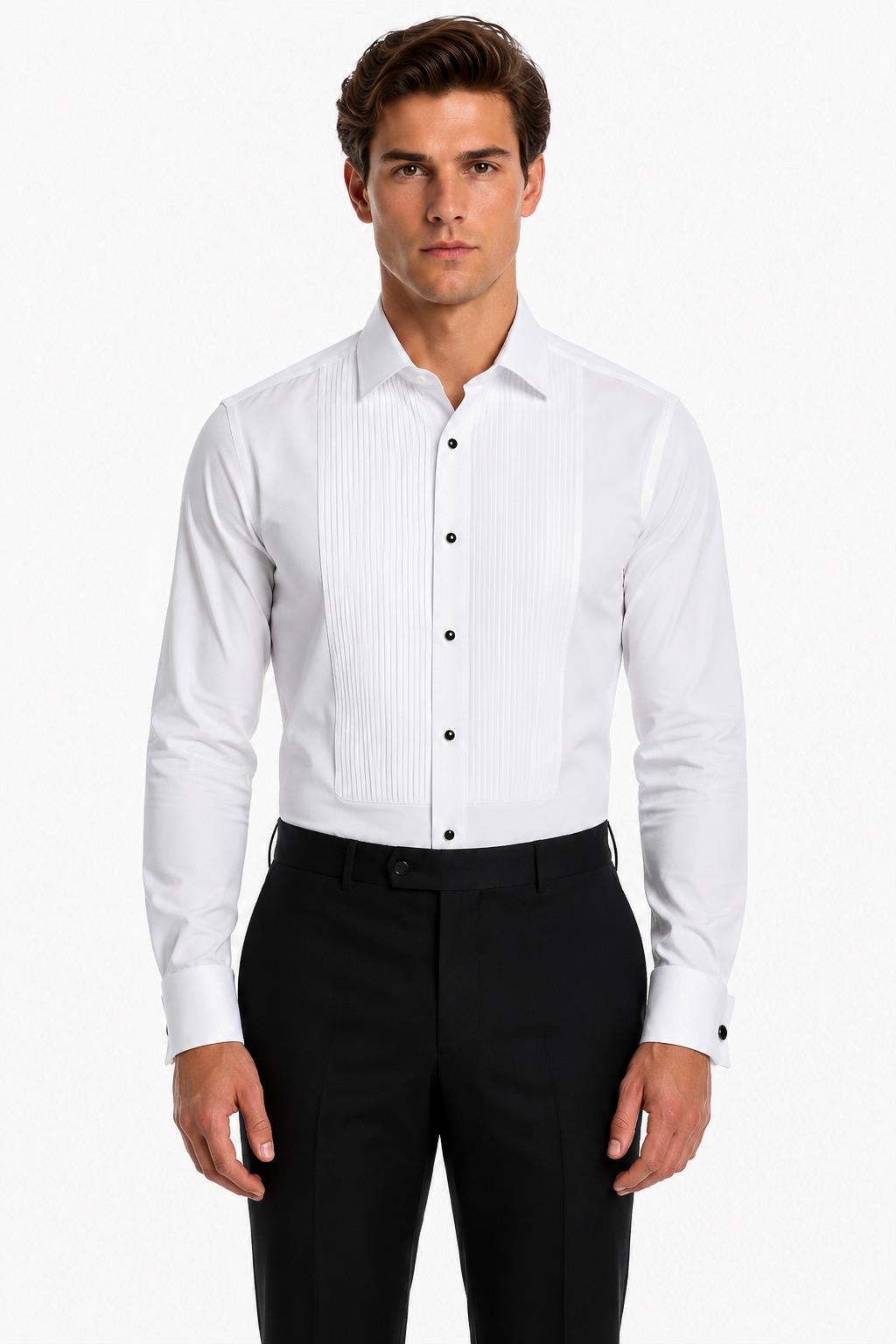 Men's White Pleated Front Tuxedo Shirt with Black Buttons & Pocket Square