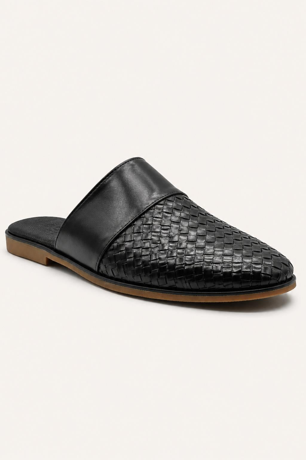 FINO Men’s Black Woven Leather Mule Slippers